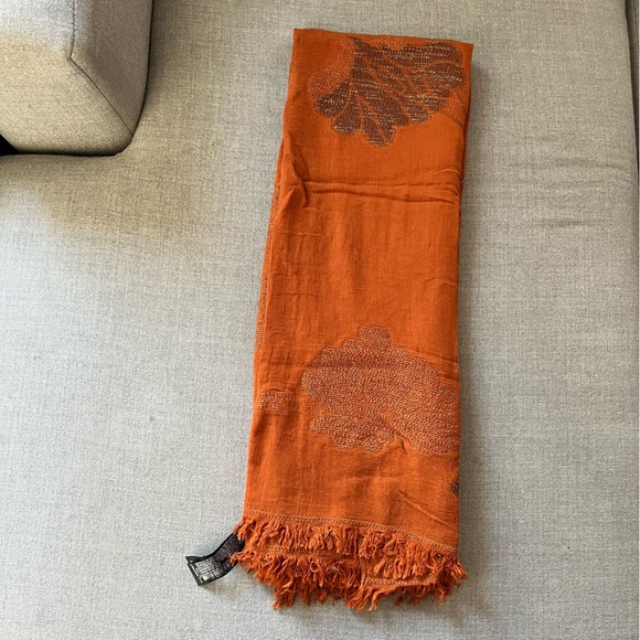 Zara Metallic Thread Floral Orange Scarf - Picture 6 of 11